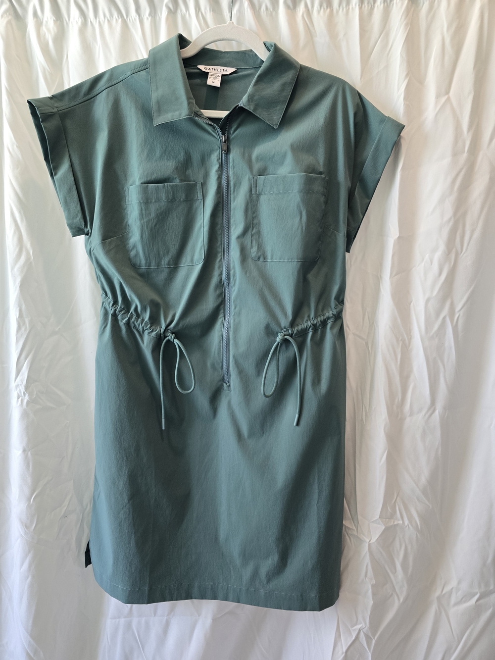 Athleta Green Zip-Front Drawstring Mini Dress